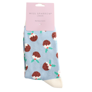 Blue Christmas Puddings Socks Powder