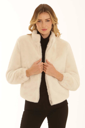 Cream Solid Fur Jacket