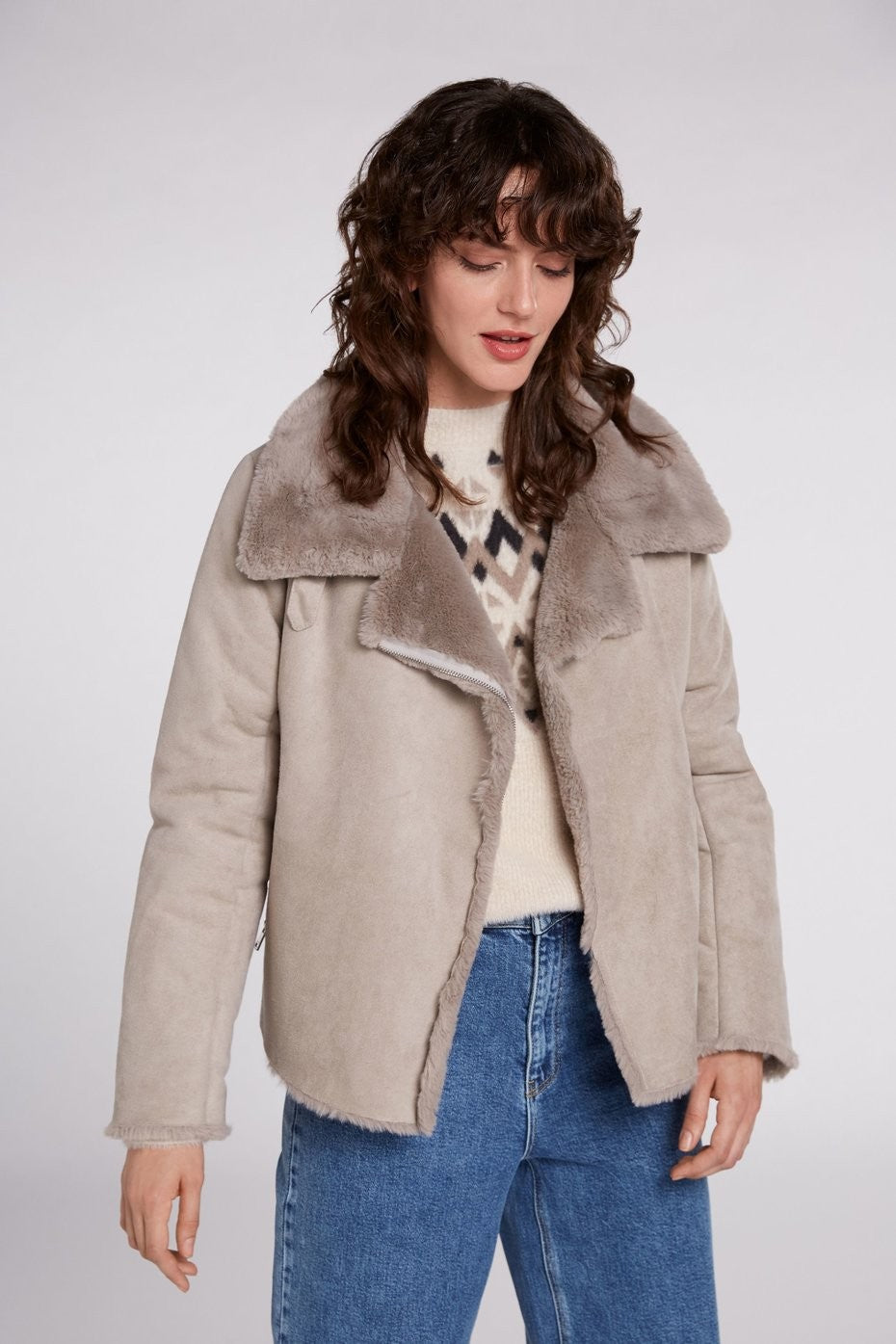 Oui Faux Fur Biker Jacket -GREY