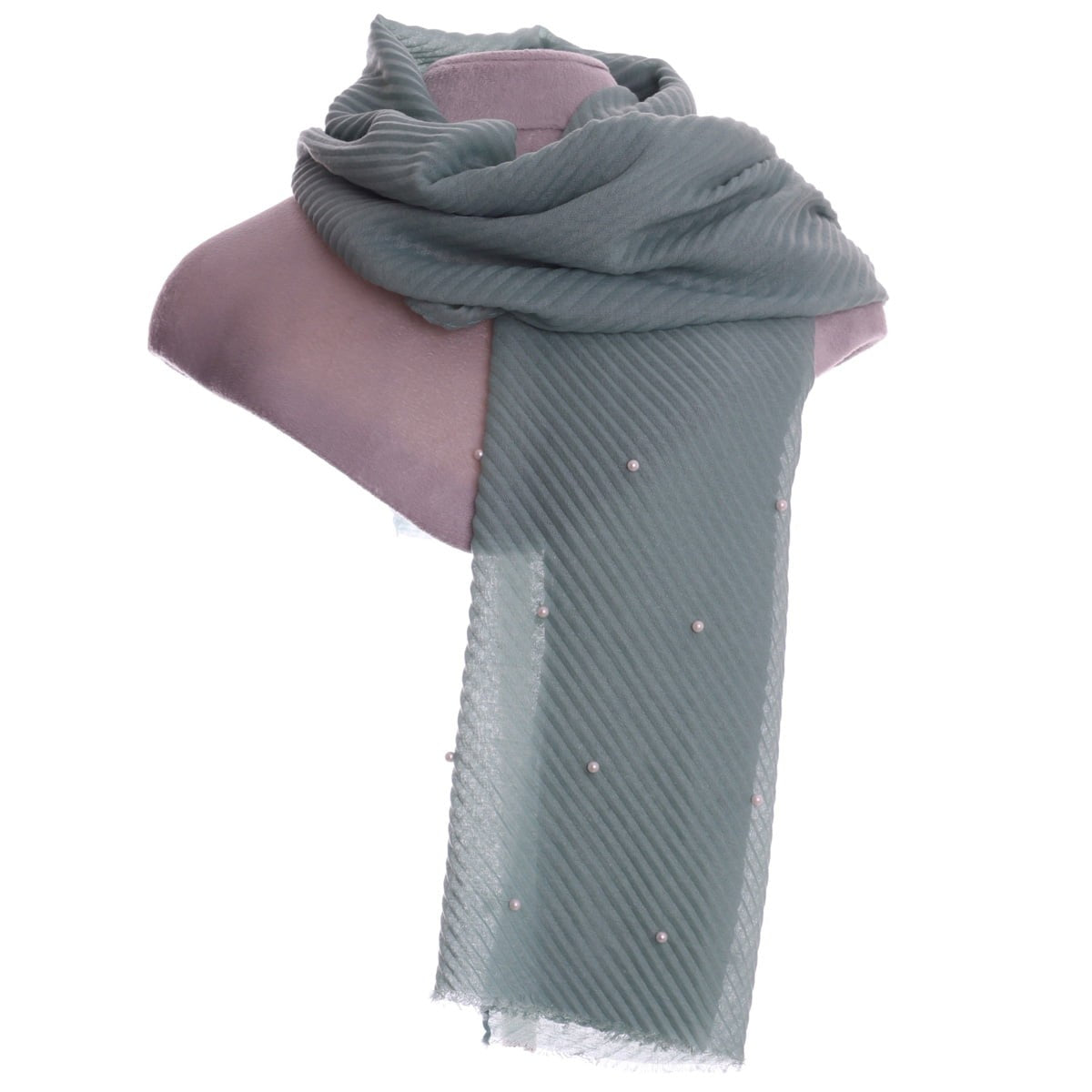Zelly Pleated Pearl Embellished Scarf -BLUE