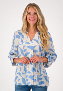 Just White Leaf Print Blouse Blue