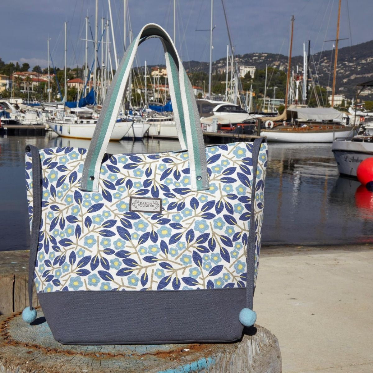 Earth Squared Floral Canvas Tote Bag Blue